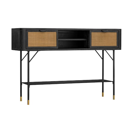 Armen Living Saratoga Console Table in Black Acacia with Rattan LCSRCNBL